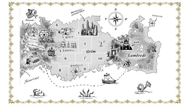 Kart over Lamèredi fra bøkene om Søstrene Lumière av Catharina Natalie Wandrup.